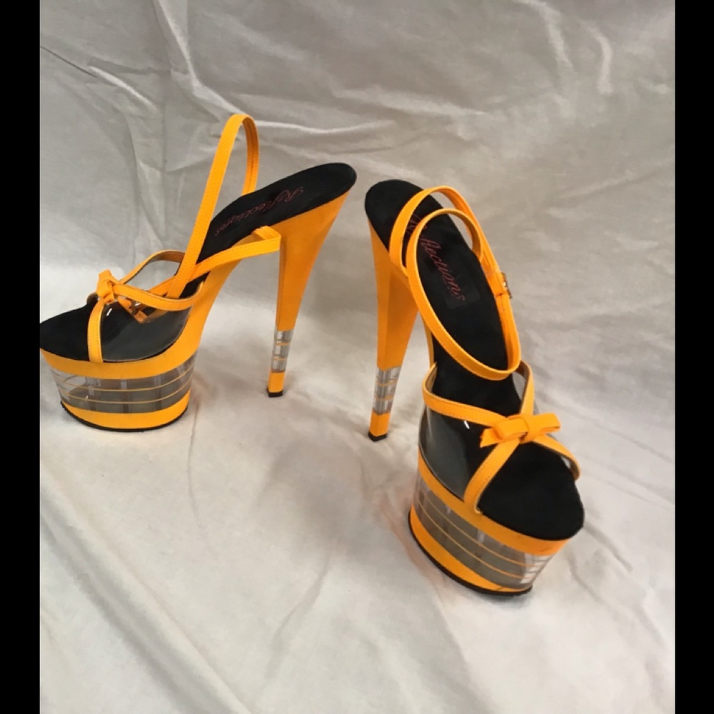 Orange ankle strap platform heels